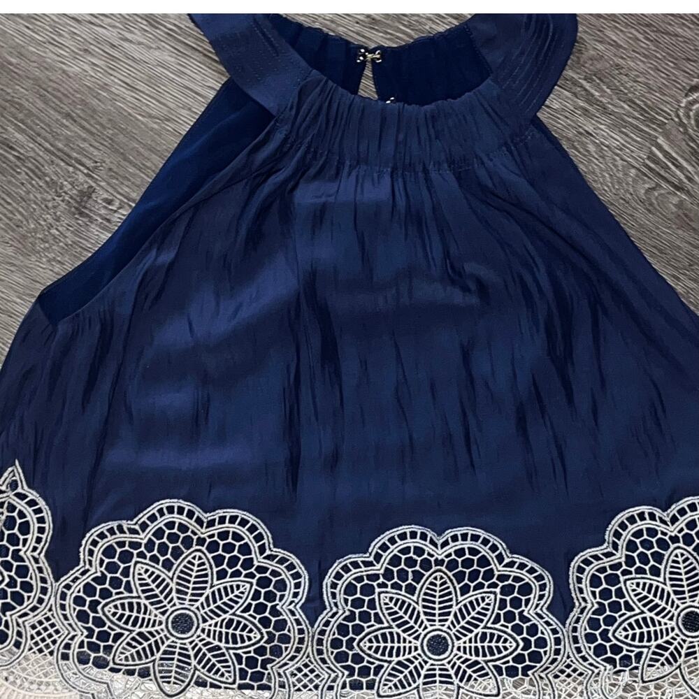 Ramy Brook S Navy Silk Halter Top White Lace Hem Sleeveless Keyhole Blouse (368)